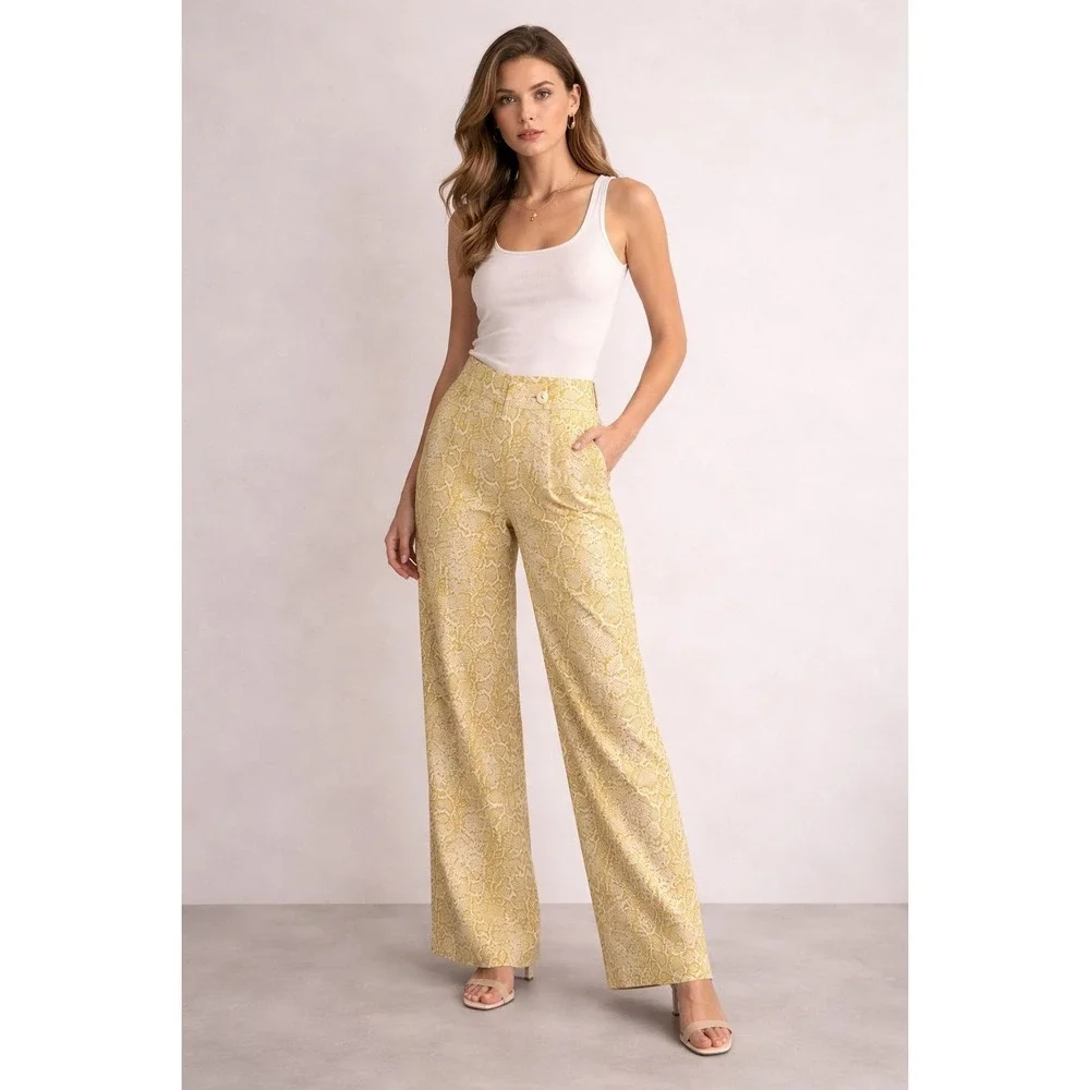 NANUSHKA Women's Wide Leg Snakeskin‎ Pants XS Yellow Relaxed Viscose Trousers